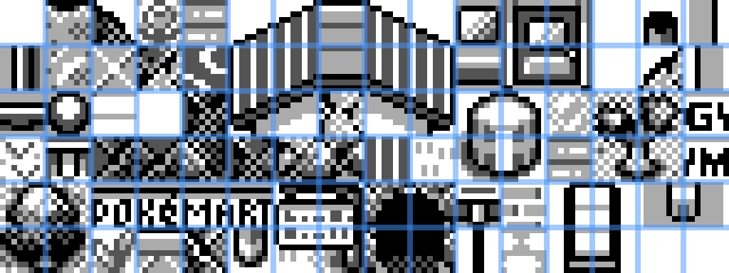 A picture of the overworld tileset from Pokémon Red and Blue with tile dividers